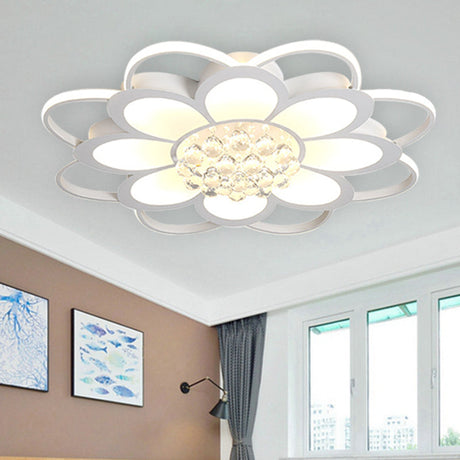 Warm/White/3 Color Led Crystal Flush Light - Simple White Floral Living Room Mount Lamp Multiple