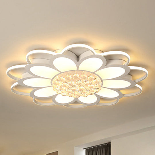 Warm/White/3 Color Led Crystal Flush Light - Simple White Floral Living Room Mount Lamp Multiple