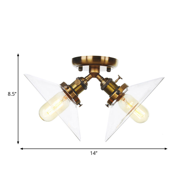 Industrial Style Clear Glass Semi Flush Mount Ceiling Light With 2 Lights For Conical Restaurants