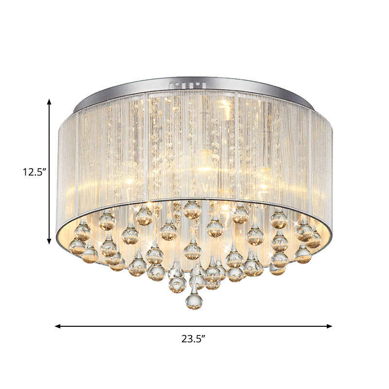 Contemporary Silver Flush Mount Drum Light With 6 - Light Crystal Fixture For Bedrooms