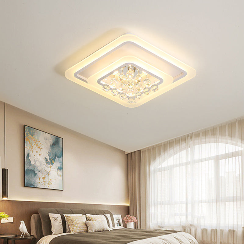 Square Crystal Led Flush Ceiling Light - 19.5/23.5/27.5 Sizes Modern White Design Warm/White