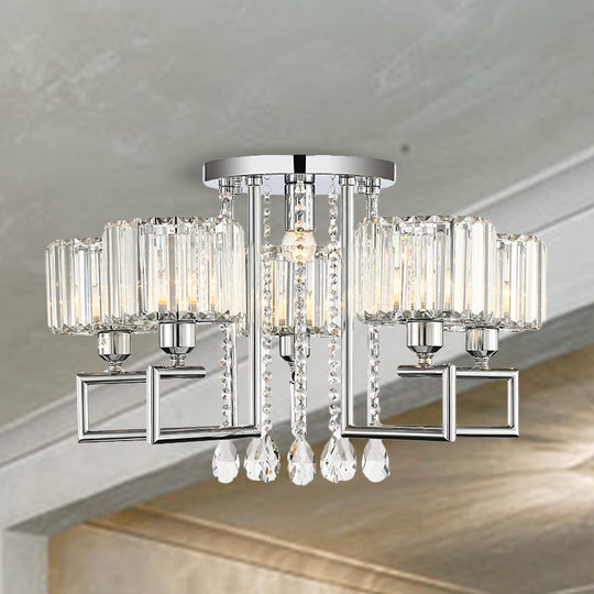 Ribbed Crystal Drum Flush Ceiling Light - Stylish Silver Semi Lamp With Scroll Frame (4/6 - Light)