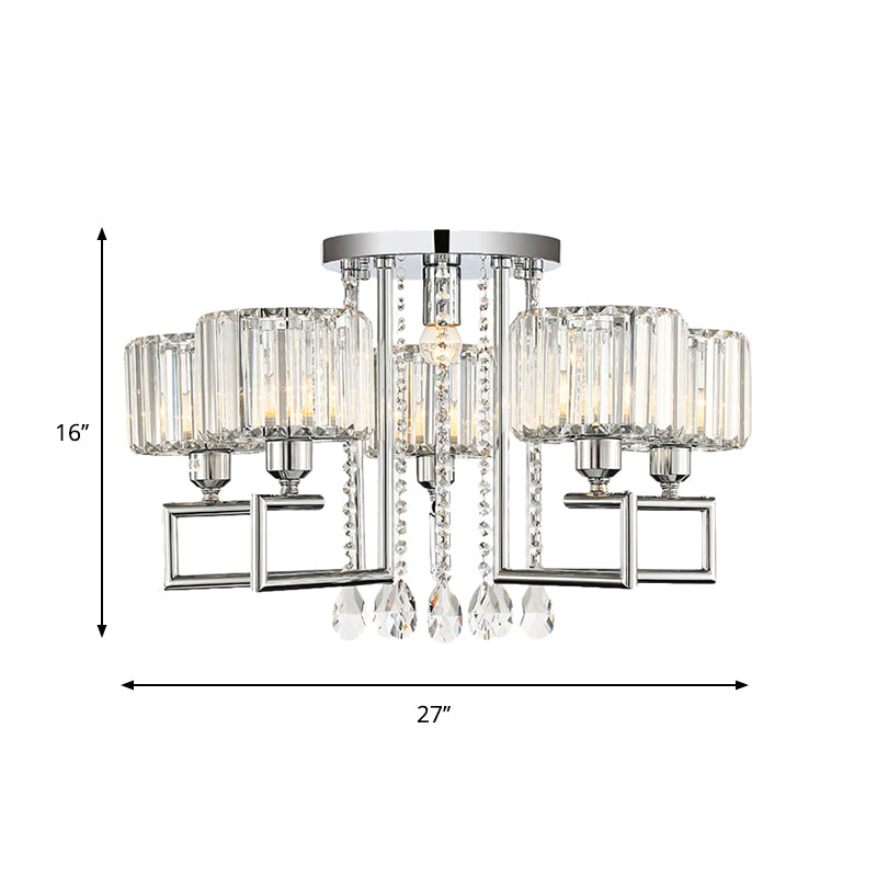 Ribbed Crystal Drum Flush Ceiling Light - Stylish Silver Semi Lamp With Scroll Frame (4/6 - Light)