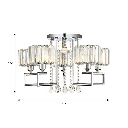 Ribbed Crystal Drum Flush Ceiling Light - Stylish Silver Semi Lamp With Scroll Frame (4/6 - Light)