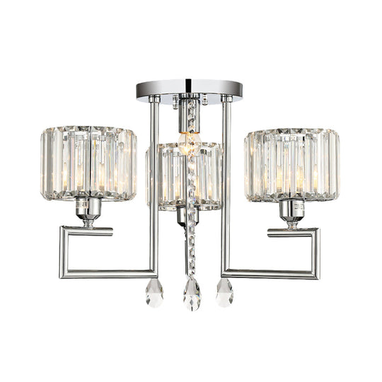 Ribbed Crystal Drum Flush Ceiling Light - Stylish Silver Semi Lamp With Scroll Frame (4/6 - Light)