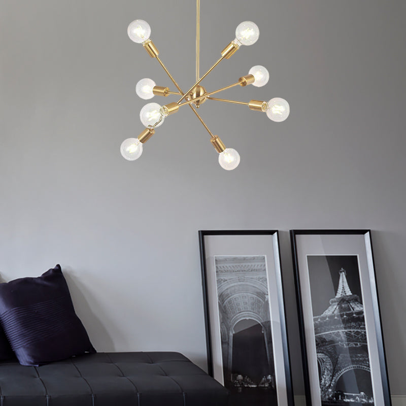 Sputnik Hanging Chandelier Light - Industrial Metal 6/8/10 Bulb Living Room Pendant In Brass/Chrome