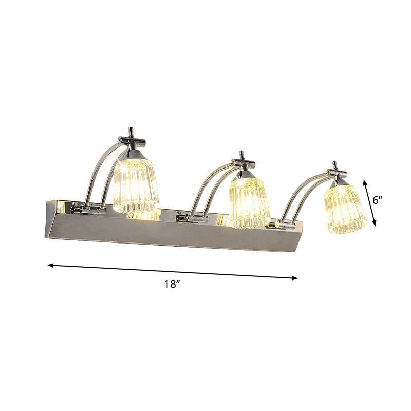 Contemporary Crystal Vanity Light - Fluted Clear Shades Silver Finish 3 Heads Warm/White