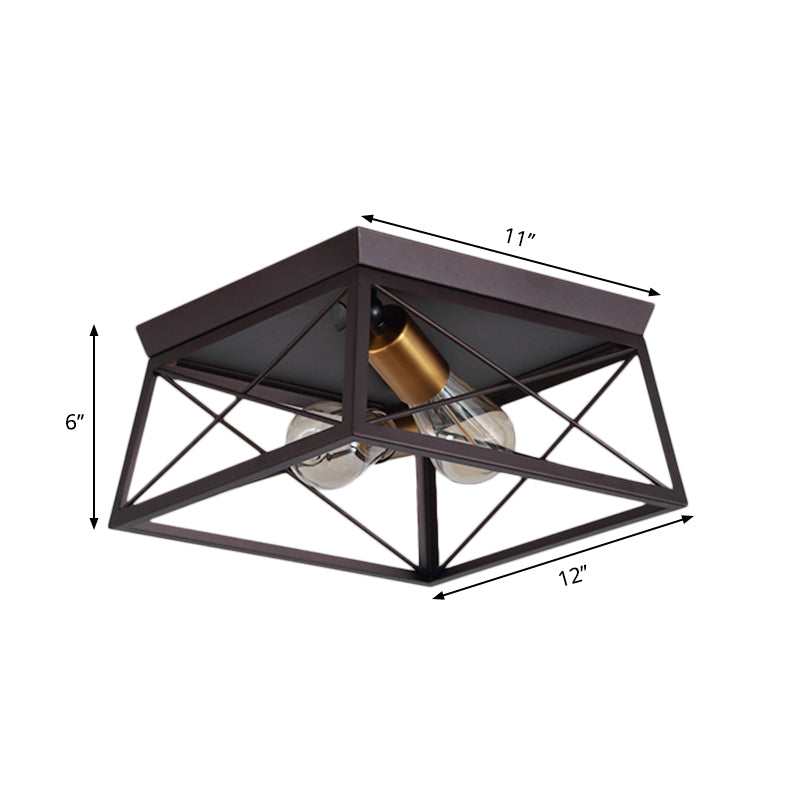 Industrial Style Metal Flush Ceiling Light Fixture - 10/12 Wide 2 Bulbs Coffee Tone Ideal For