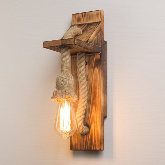 Rustic American Wooden Wall Sconce With Natural Rope Light For Restaurants & Coffee Shops Distressed