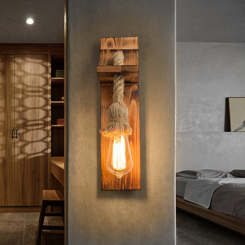 Rustic American Wooden Wall Sconce With Natural Rope Light For Restaurants & Coffee Shops