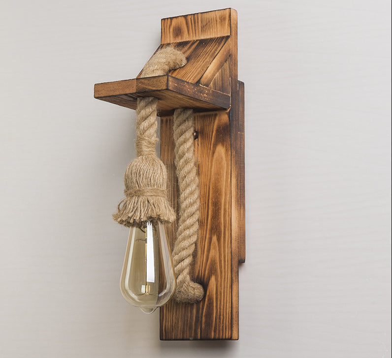 Rustic American Wooden Wall Sconce With Natural Rope Light For Restaurants & Coffee Shops