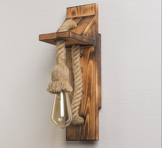 Rustic American Wooden Wall Sconce With Natural Rope Light For Restaurants & Coffee Shops