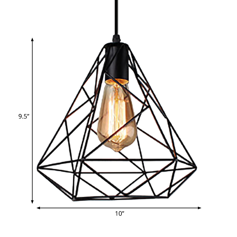 Hanging Diamond Shade Metal Kitchen Ceiling Light With Farmhouse Style And Wire Frame In Black