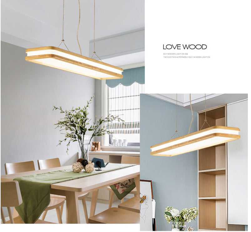Minimalist Led Wood Rectangular Hanging Island Lamp - Acrylic Ceiling Suspension For Dinners