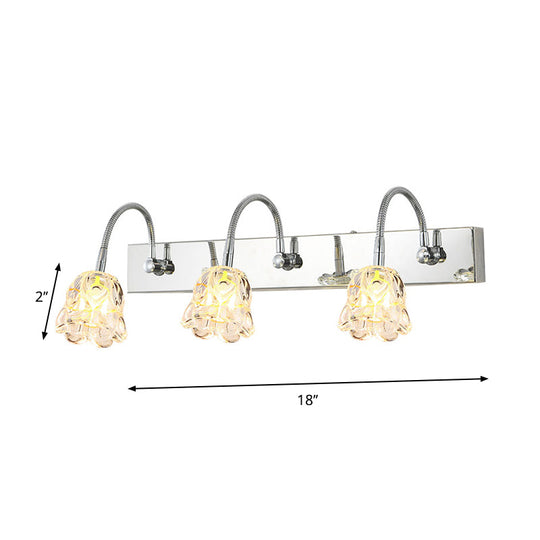 Modern Petal Clear Glass Vanity Light Fixture With Gooseneck Arm - 3 Lights Silver Finish Wall