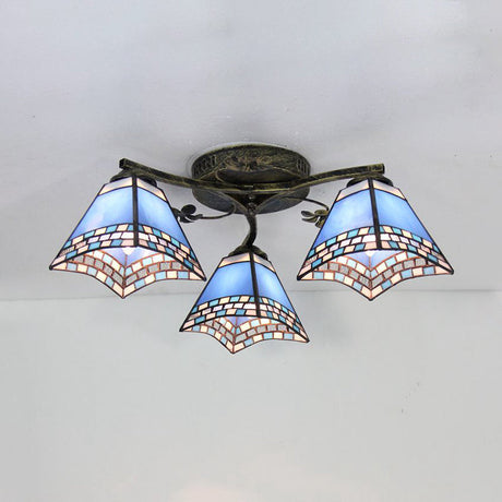 Retro Style Geometric Stained Glass Ceiling Light Fixture - 3 Lights With Wire Mesh And Elegant