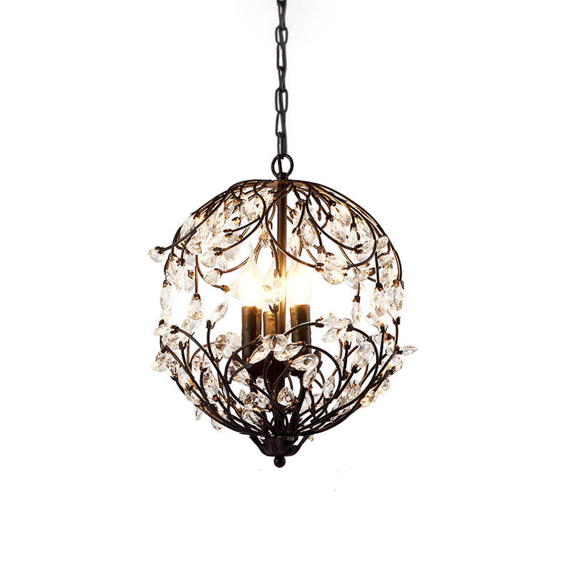 Floral Sphere Hanging Chandelier: Traditional 3-Light Black/Bronze Iron Lamp With Crystal Accent