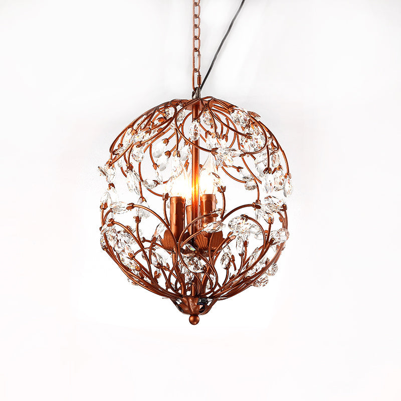 Floral Sphere Hanging Chandelier: Traditional 3-Light Black/Bronze Iron Lamp With Crystal Accent