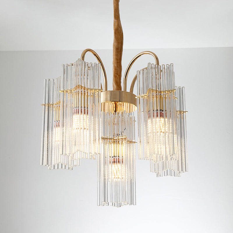 Modern Gold Tiered Cylinder Crystal Chandelier: 6-Head Dining Room Pendant Clear