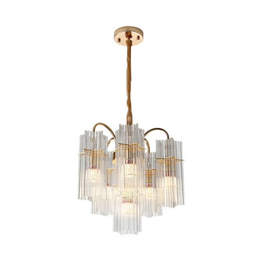 Modern Gold Tiered Cylinder Crystal Chandelier With 6 Heads For Dining Room Ceiling Pendant Light