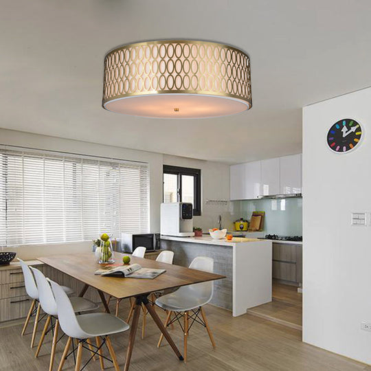 Traditional White Round Ceiling Mounted Lamp With Gold Metal Mesh Frame - 4-Light Fabric Flush