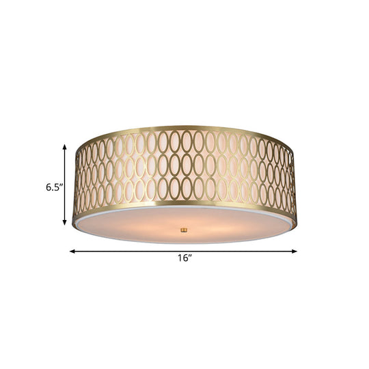 Traditional White Round Ceiling Mounted Lamp With Gold Metal Mesh Frame - 4-Light Fabric Flush