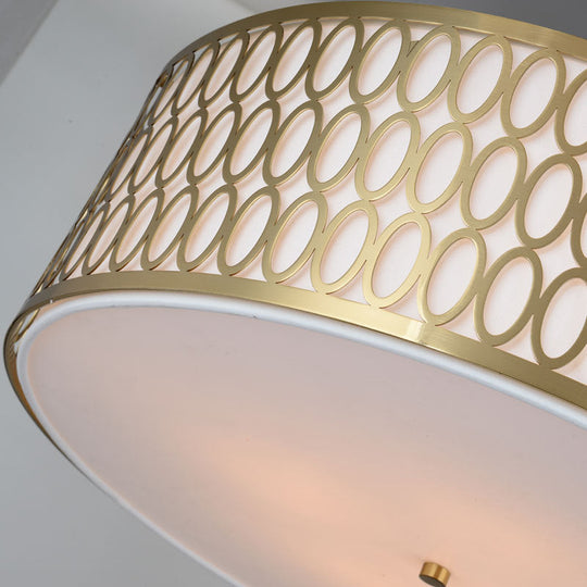 Traditional White Round Ceiling Mounted Lamp With Gold Metal Mesh Frame - 4-Light Fabric Flush