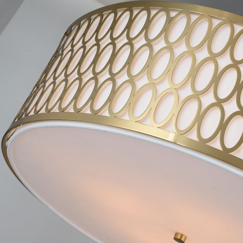 Traditional White Round Ceiling Mounted Lamp With Gold Metal Mesh Frame - 4-Light Fabric Flush Light