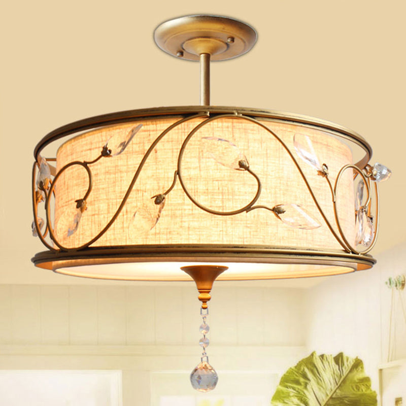 Golden 3-Light Semi Flush Lamp - Traditional Metal Ceiling Light With Crystal Element 14’/16’ Dia