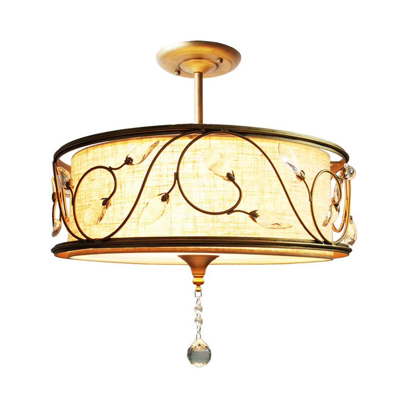 Golden 3-Light Semi Flush Lamp - Traditional Metal Ceiling Light With Crystal Element 14’/16’ Dia