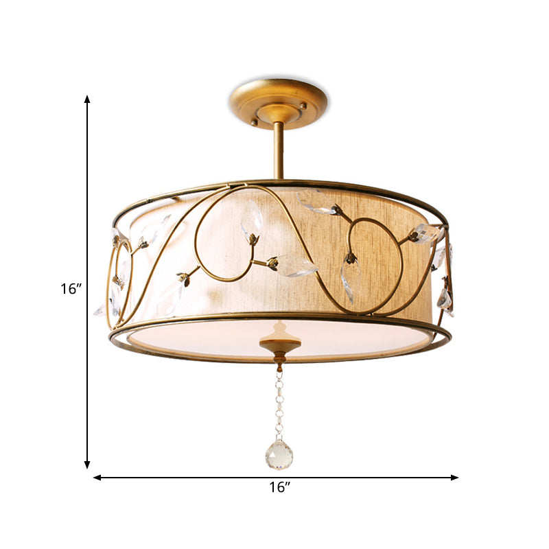 Golden 3-Light Semi Flush Lamp - Traditional Metal Ceiling Light With Crystal Element 14’/16’ Dia