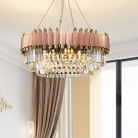 Modern Crystal Drop Pendant Ceiling Light Pink/Gold 8/12 Lights Layered Design 8 / Gold