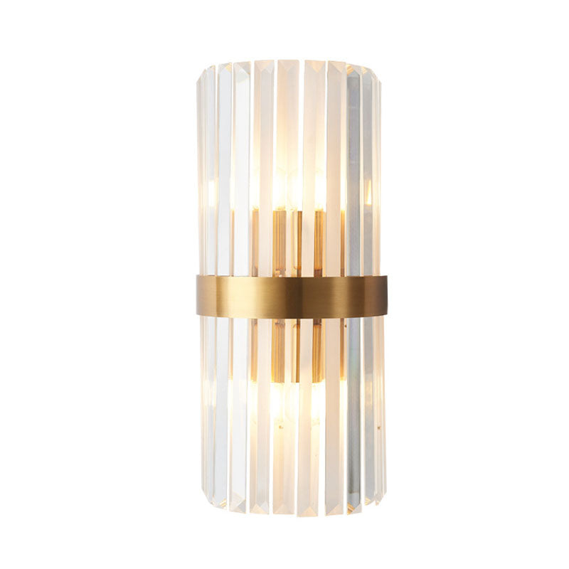 Contemporary Cylinder Sconce Light: Dual Head Gold Wall Mounted Fixture With Crystal Rod Accent