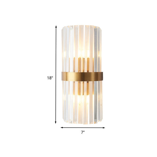 Contemporary Cylinder Sconce Light: Dual Head Gold Wall Mounted Fixture With Crystal Rod Accent