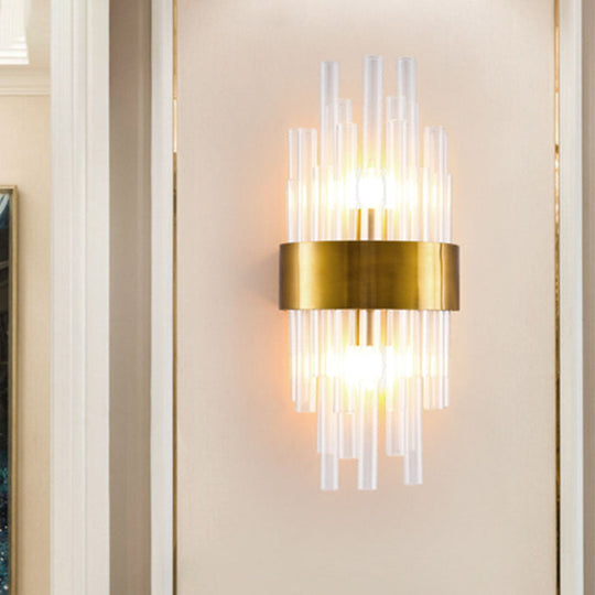 Postmodern Gold Wall Sconce With Fluted Crystal Shade - 2 Head Bedroom Mount Light