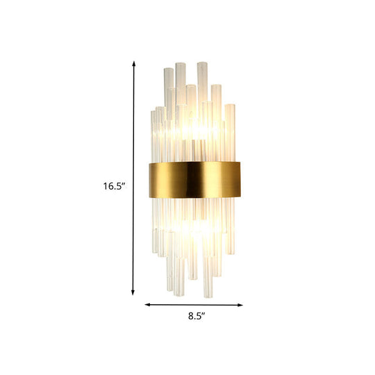 Postmodern Gold Wall Sconce With Fluted Crystal Shade - 2 Head Bedroom Mount Light