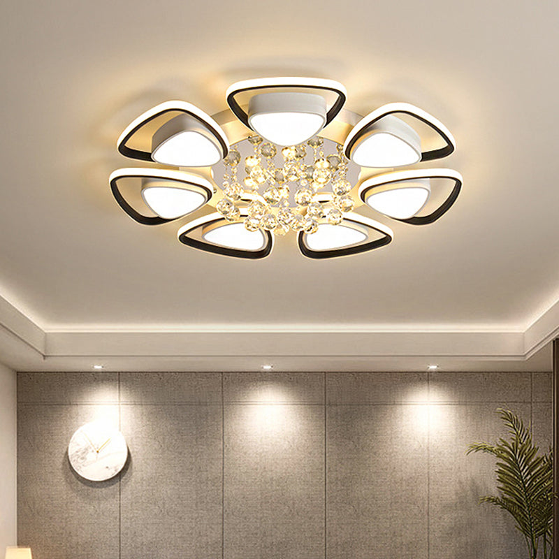 Contemporary Led Ceiling Flush Mount With Metal Petals Crystal Draping Black & White Design