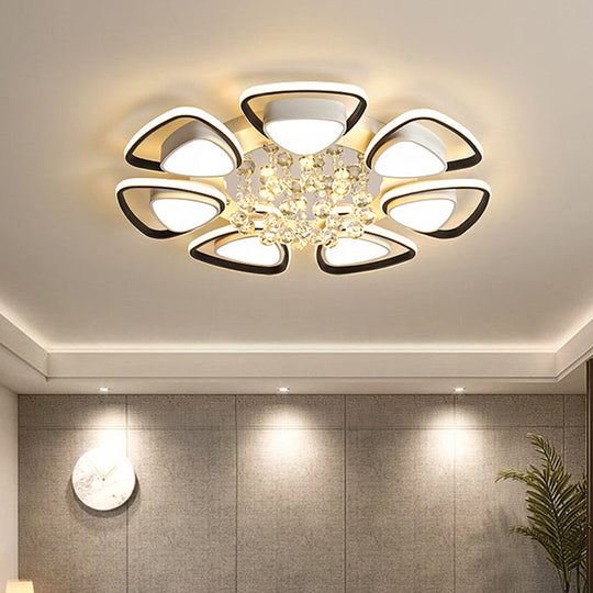 Contemporary Led Ceiling Flush Mount With Metal Petals Crystal Draping Black & White Design