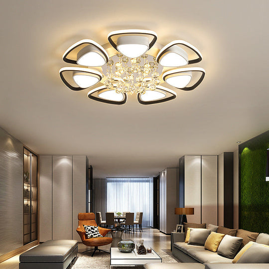 Contemporary Led Ceiling Flush Mount With Metal Petals Crystal Draping Black & White Design