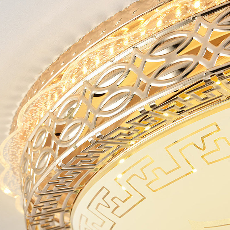 Frosted Glass Hollowed Flush Lamp With Golden Led Ceiling Light Fixture