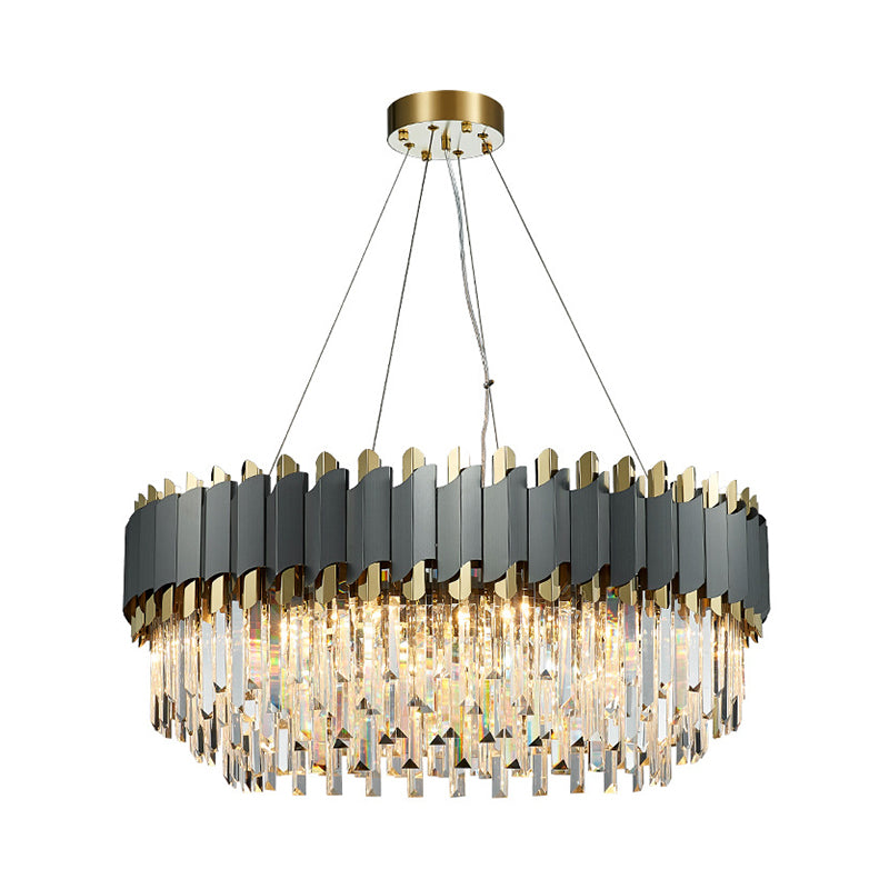Contemporary Living Room Pendant Light - Grey Crystal Oblong Layered Chandelier (8/12-Light)