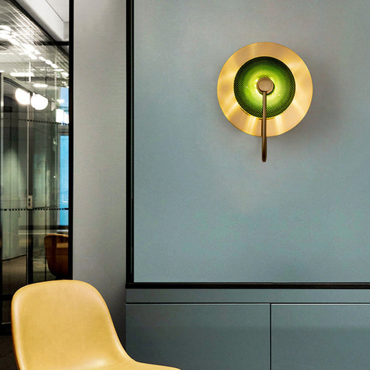 Vintage Bell Metal Wall Lighting Sconce In Gold With Green Prismatic Glass Shade