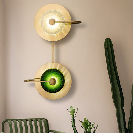 Vintage Bell Metal Wall Lighting Sconce In Gold With Green Prismatic Glass Shade 2 /