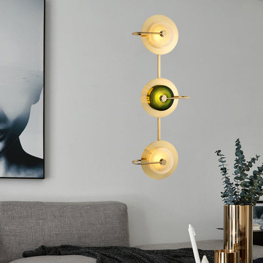 Vintage Bell Metal Wall Lighting Sconce In Gold With Green Prismatic Glass Shade