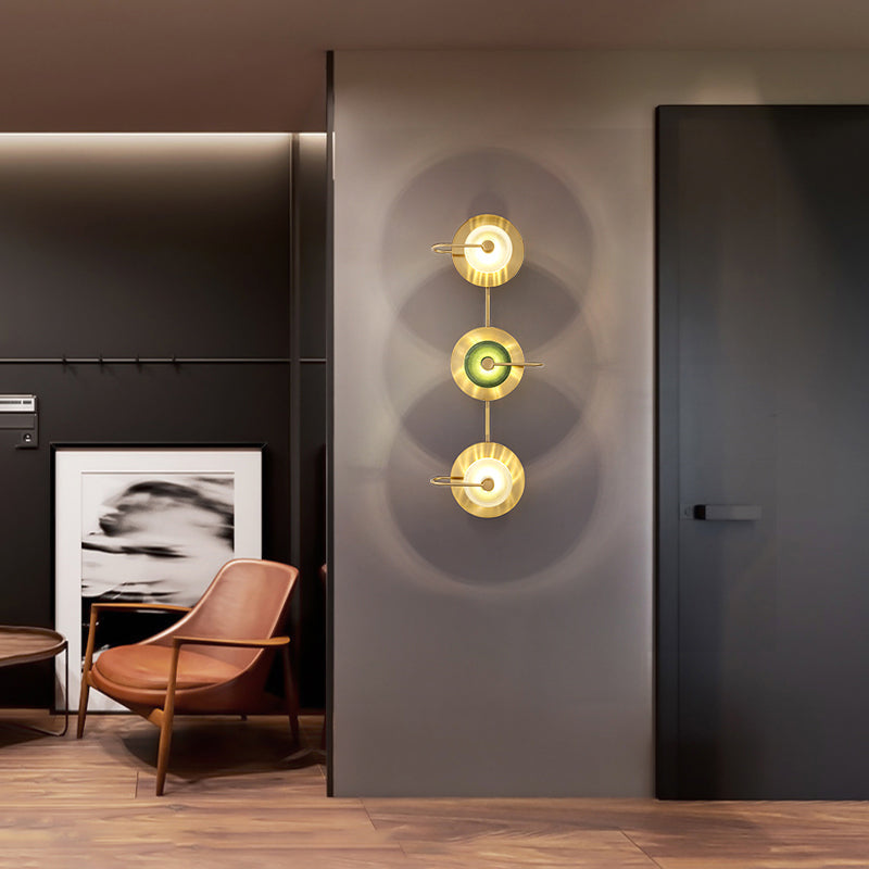 Vintage Bell Metal Wall Lighting Sconce In Gold With Green Prismatic Glass Shade