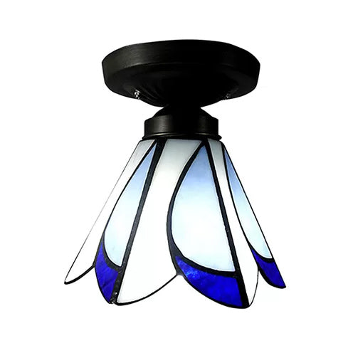 Tiffany Style Floral Semi-Flush Ceiling Light - Glass 4’ H X 7’ Dia