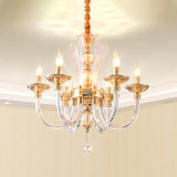 Modern Golden Curved Chandelier With 6 Clear Glass Heads And Crystal Drops Gold
