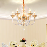 Modern Golden Curved Chandelier With 6 Clear Glass Heads And Crystal Drops