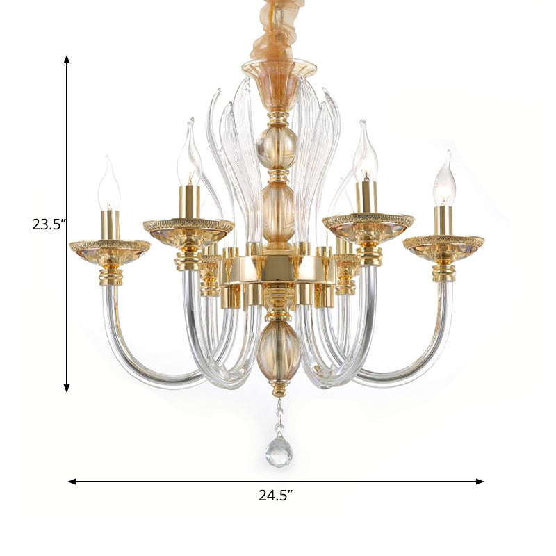 Modern Golden Curved Chandelier - 6 Heads Clear Glass Pendant Light With Crystal Drops