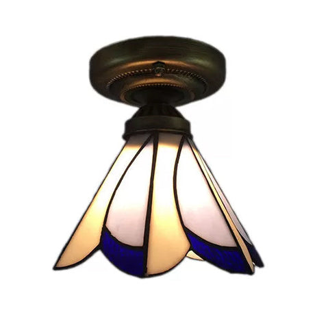 Tiffany Style Floral Semi-Flush Ceiling Light - Glass 4 H X 7 Dia